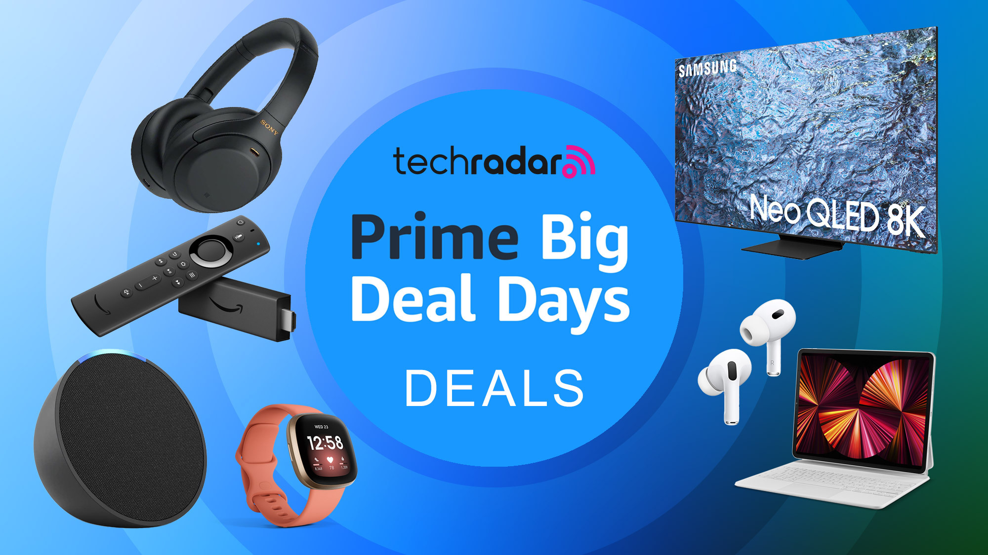 Amazon Prime Big Deal Days header with various tech products on a blue background surrounding the TechRadar logo