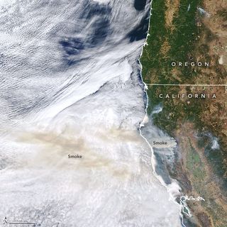 The MODIS instrument on NASA's Terra satellite captured this image of smoke from California wildfires blowing westward over the Pacific Ocean on Sept. 2, 2020.