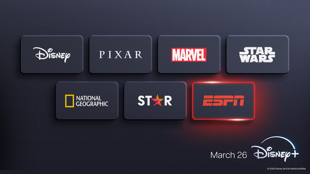 Disney Plus logo with navy blue background and Pixar, Marvel, StarWars, NatGeo, Star and ESPN logo 