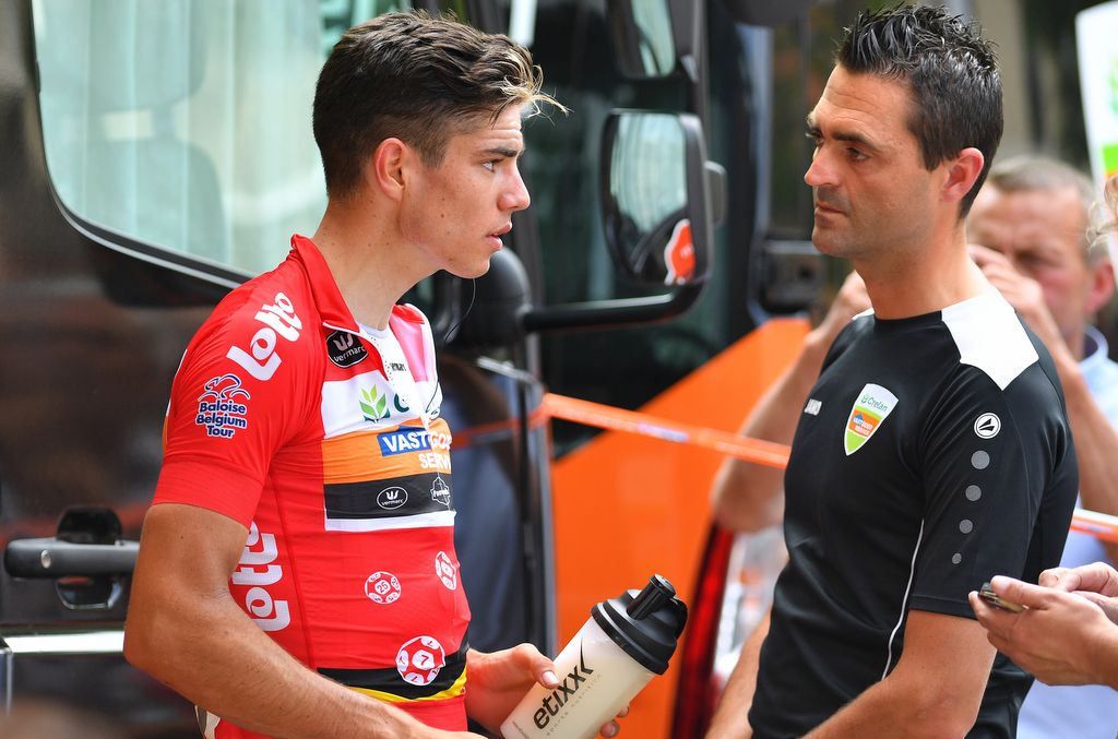 Wout Van Aert chats with Kevin Hulsmans after the stage
