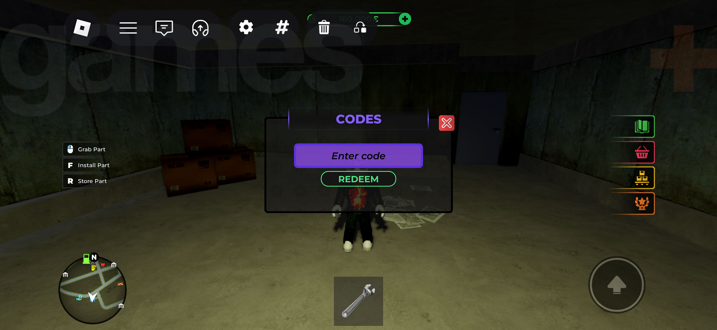 The menu to redeem Fix It Up codes