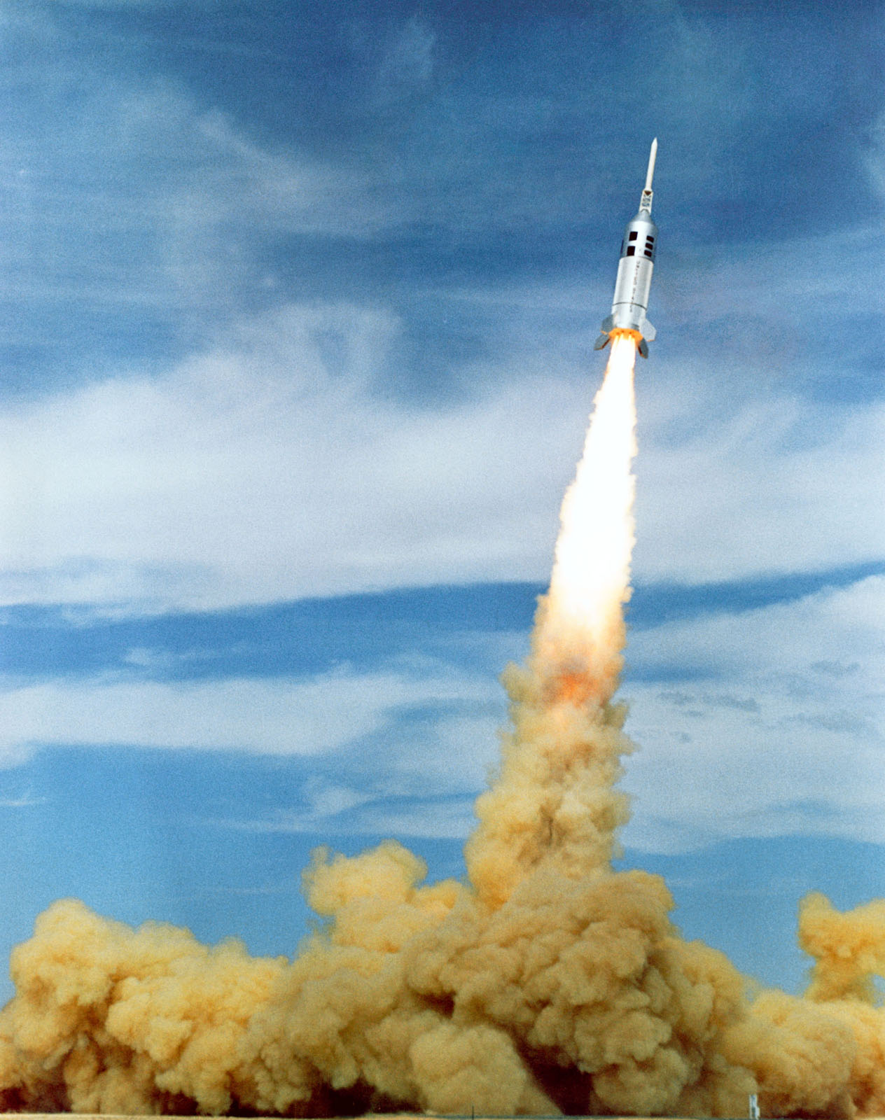 The Little Joe II booster launches an in-flight Apollo abort system test for NASA from the White Sands Missile Range in New Mexico on May 13, 1964.