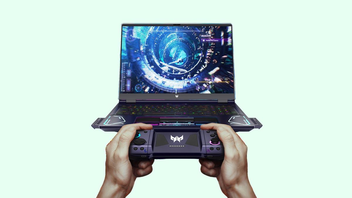 Acer Project DualPlay gaming laptop concept with hands holding a built-in gaming controller.