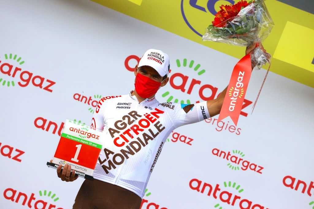 CHATEAUROUX, FRANCE - JULY 01: Greg Van Avermaet of Belgium and AG2R Citro&Atilde;&laquo;n Team celebrates at podium Most Combative Rider Trophy during the 108th Tour de France 2021, Stage 6 a 160,6km stage from Tours to Ch&Atilde;&cent;teauroux / @LeTour / #TDF2021 / on July 01, 2021 in Chateauroux, France. (Photo by Tim de Waele/Getty Images)