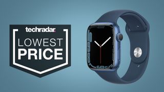 Apple Watch 7 on blue background with lowest price text overlay