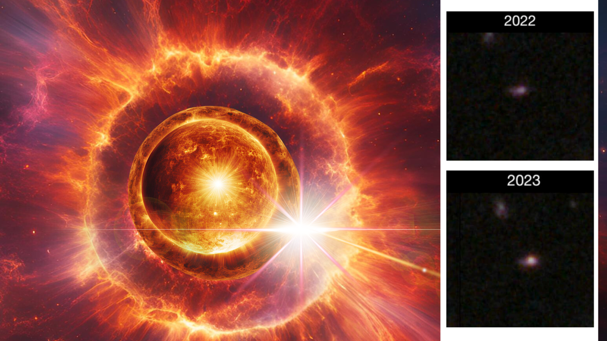 (main) An illustration of a massive star going supernova in the early universe (inset) the supernova 2023adsv as seen by the JWST in 2022 and 2023