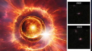 (main) An illustration of a massice star going supernova in the early universe (inset) the supernova 2023adsv as seen by the JWST in 2022 and 2023