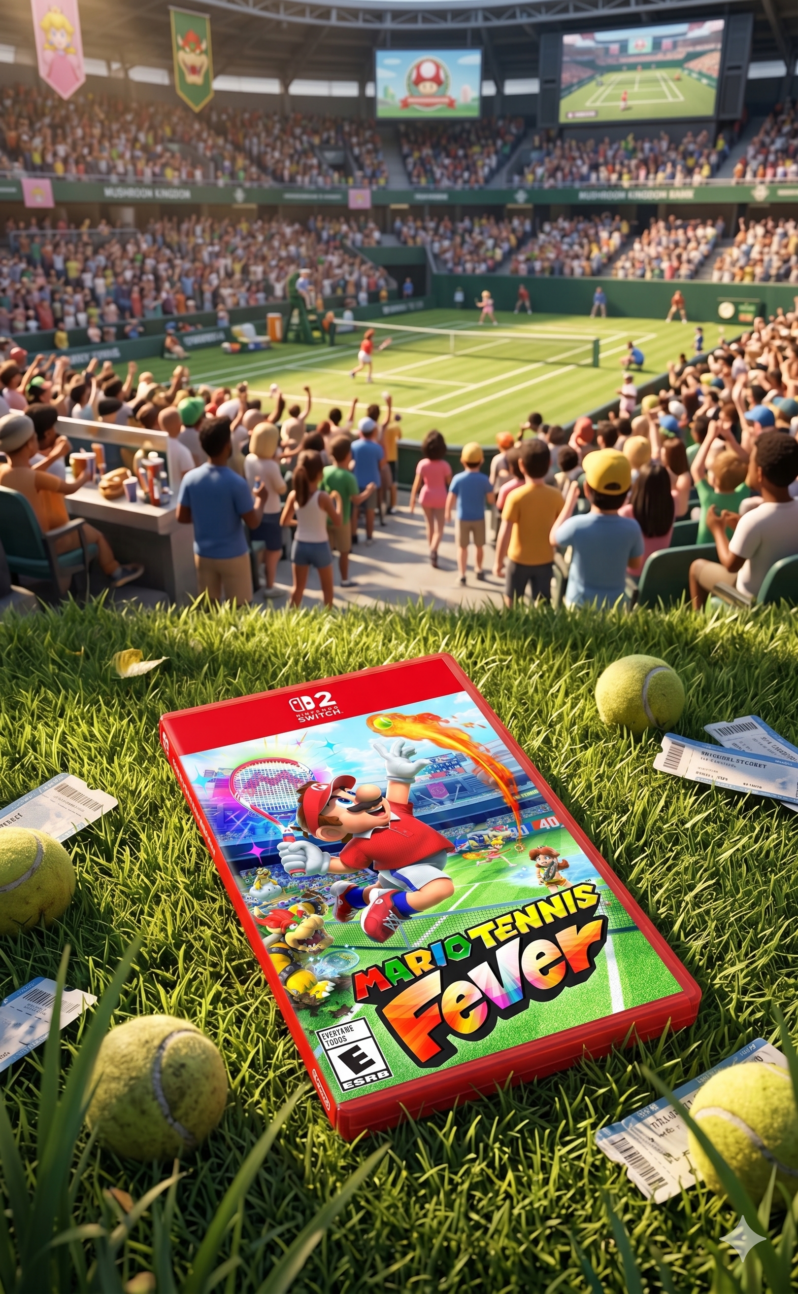 An AI-enhanced image of a Mario Tennis Fever game cover lying in the grass next to a tennis arena.