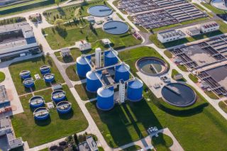 Overhead photograph of a water treatment plant