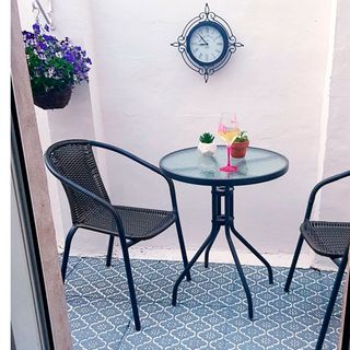 room with printed blue tiled flooring