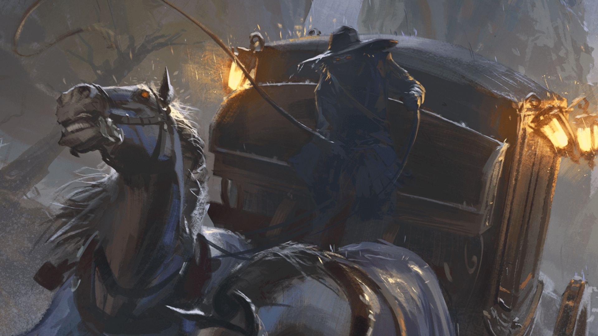 A mysterious figure wearing black directs a horse-drawn carriage in the rain