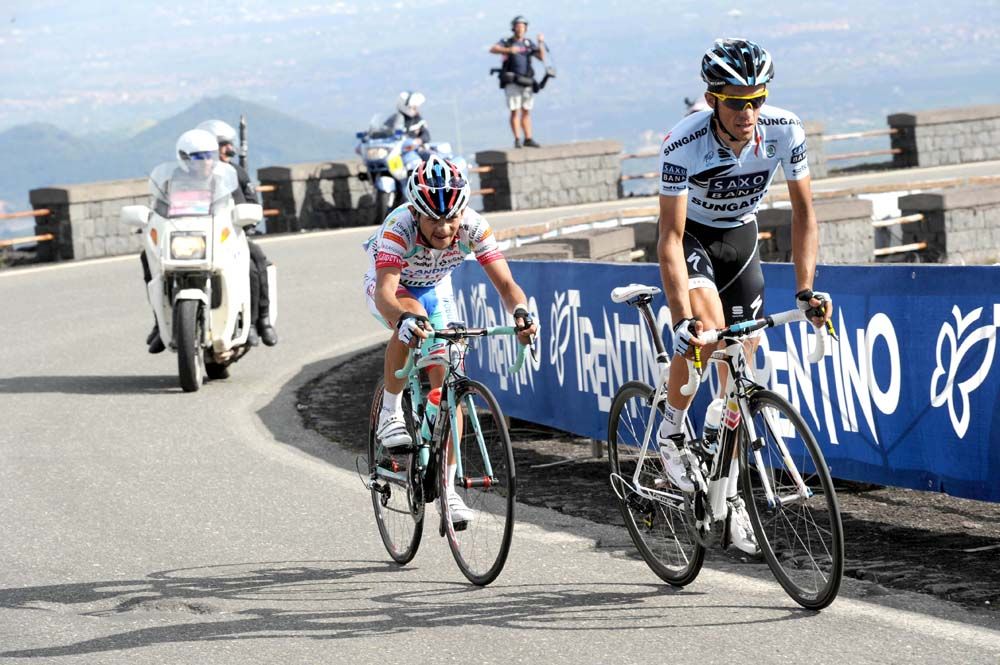 Alberto Contador and Jose Rujano climb Etna at the 2011 Giro