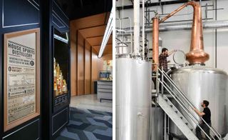 Left: a view of the tasting room. Right: the distillery’s expanded production facility