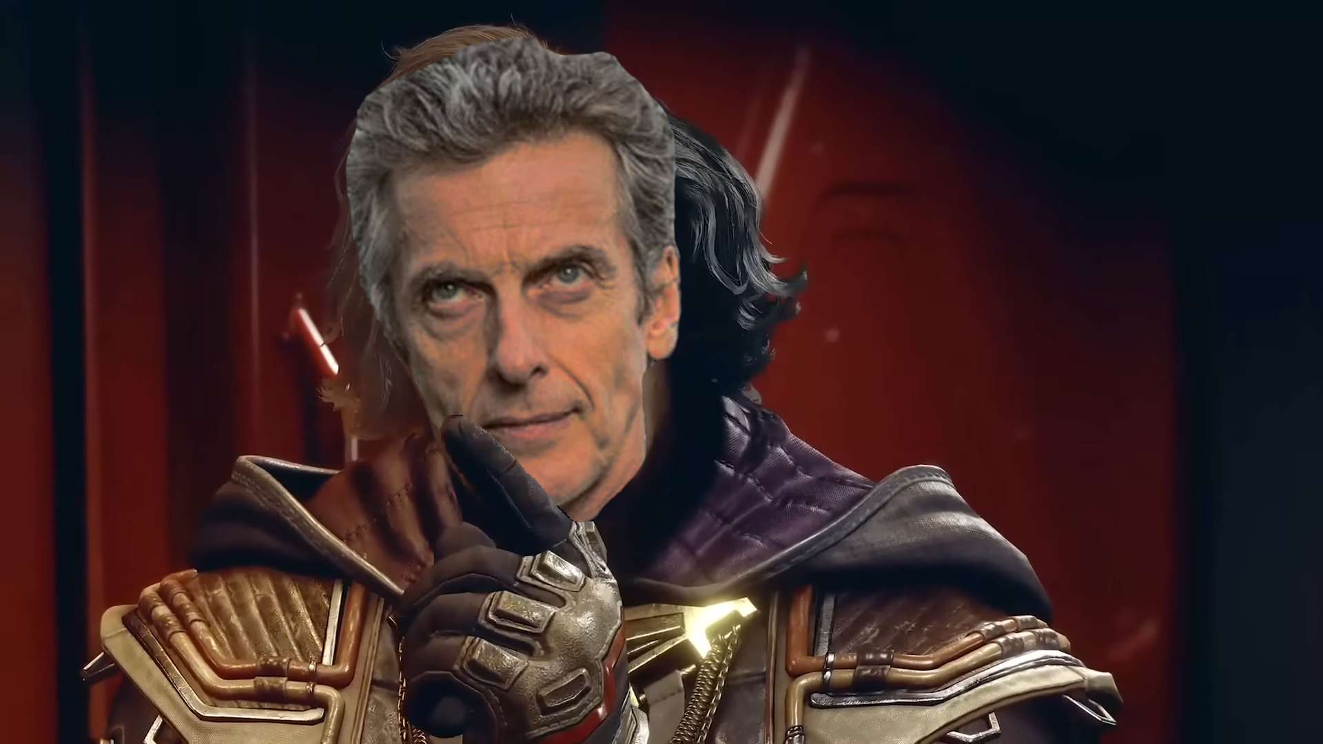 An edited Starfield streenshot replacing a character with Peter Capaldi as The Doctor