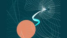 An illustration of a red sphere connected to a white black hole by a wavy strand of light.