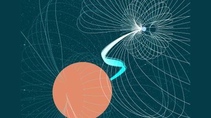 An illustration of a red sphere connected to a white black hole by a wavy strand of light.