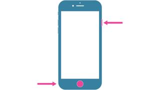 Graphic highlighting the volume and side buttons on an iPhone without Face ID, showing how to take a screenshot