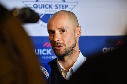 Tom Boonen speaking at a Quick-Step cycling team conference in 2017 
