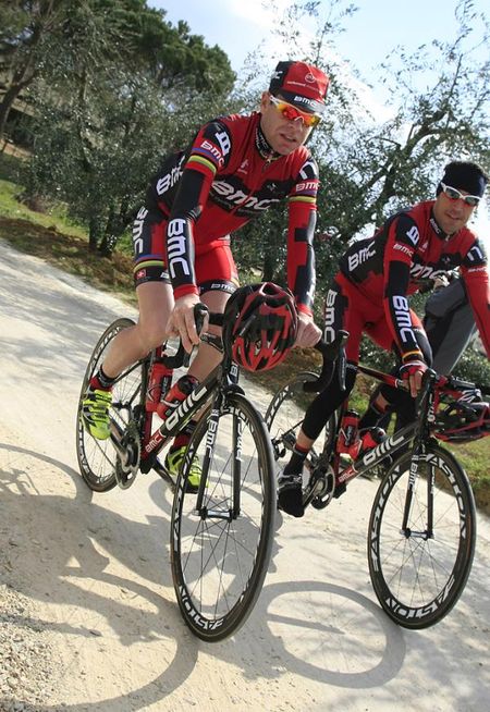 Cadel Evans makes his way to the start with his BMC teammates