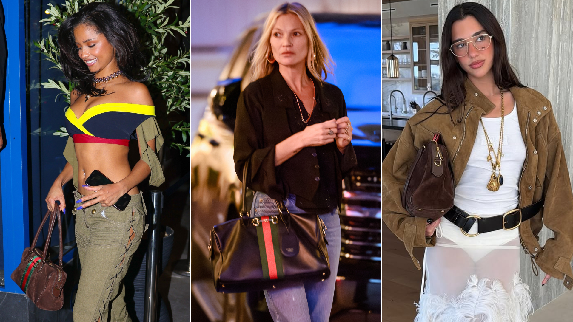 Collage of celebrities wearing the east-west Gucci Borsetto bag