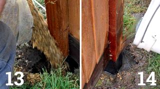 Side by side images. Left: Pouring gravel into fence post hold. Right: Adding water to cement in fence post hole