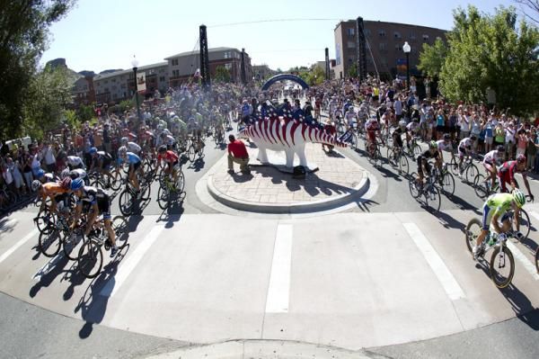 The peloton begins the short neutral section at the stage start in Golden before the racing got underway.