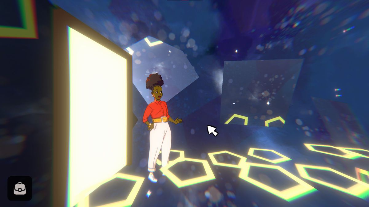 a black woman standing in a crystal looking room with yellow patterns on the floor