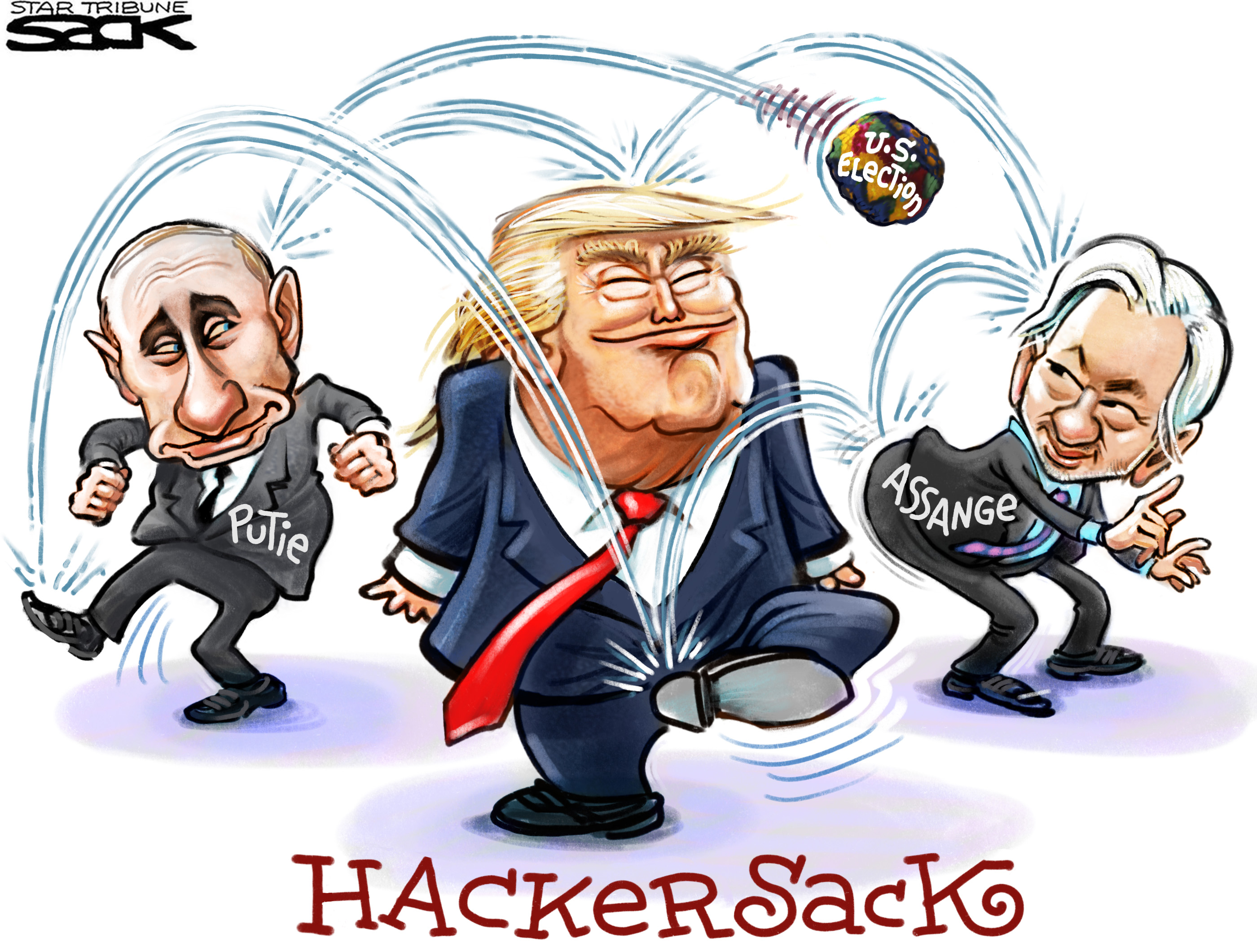 Political cartoon U.S. Donald Trump Vladimir Putin Julian Assange