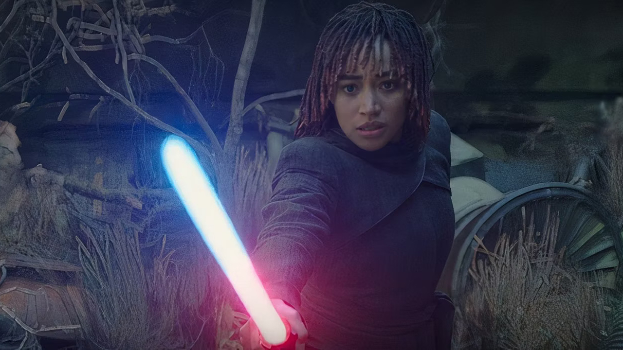 Osha holds Sol's lightsaber as its blade changes from blue to red in The Acolyte episode 8