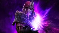 Key art of Path of Exile expansion Keepers of the Flame. A character wearing a red hood and ornate armor holds a bright purple flame in their hand.