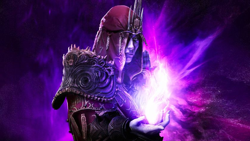 Key art of Path of Exile expansion Keepers of the Flame. A character wearing a red hood and ornate armor holds a bright purple flame in their hand.