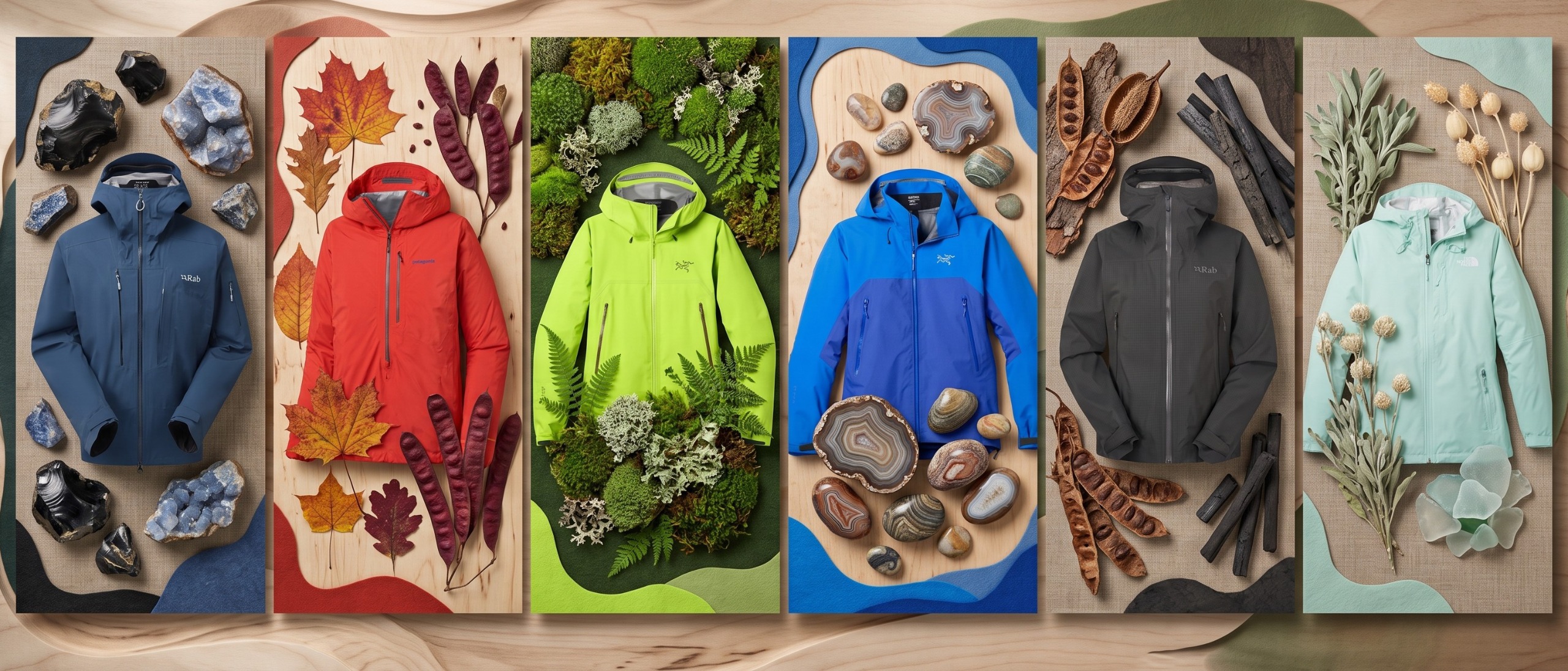 Selection of waterproof jackets against a woodland background