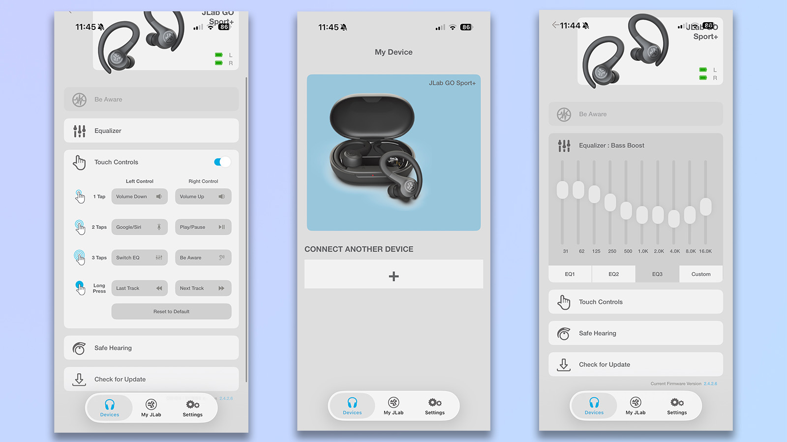 three screenshots from the jlab app showing compatibility with the jlab go sport+
