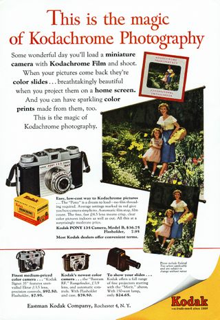 KODAK advertisement advertising KODACHROME colour slide film in American magazine advert circa 1954