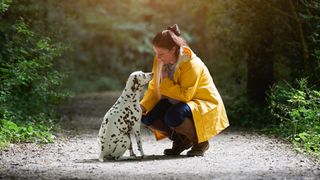 Woman with Dalmatian dog on woodland path
