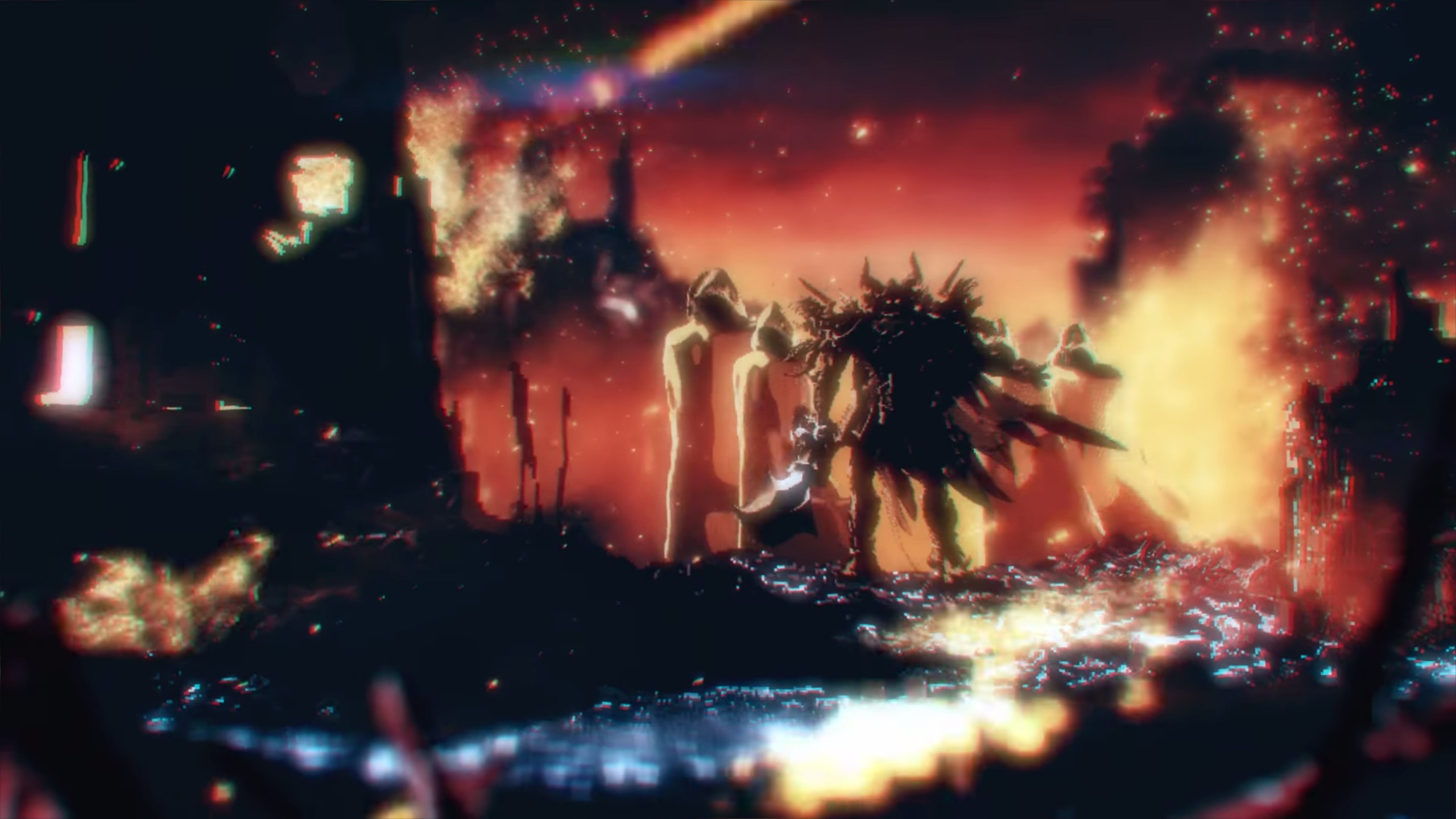 Silhouetted figures face a towering, spiked creature amid explosions and debris; fiery orange light reflects off the dark battlefield, creating a tense, apocalyptic mood.