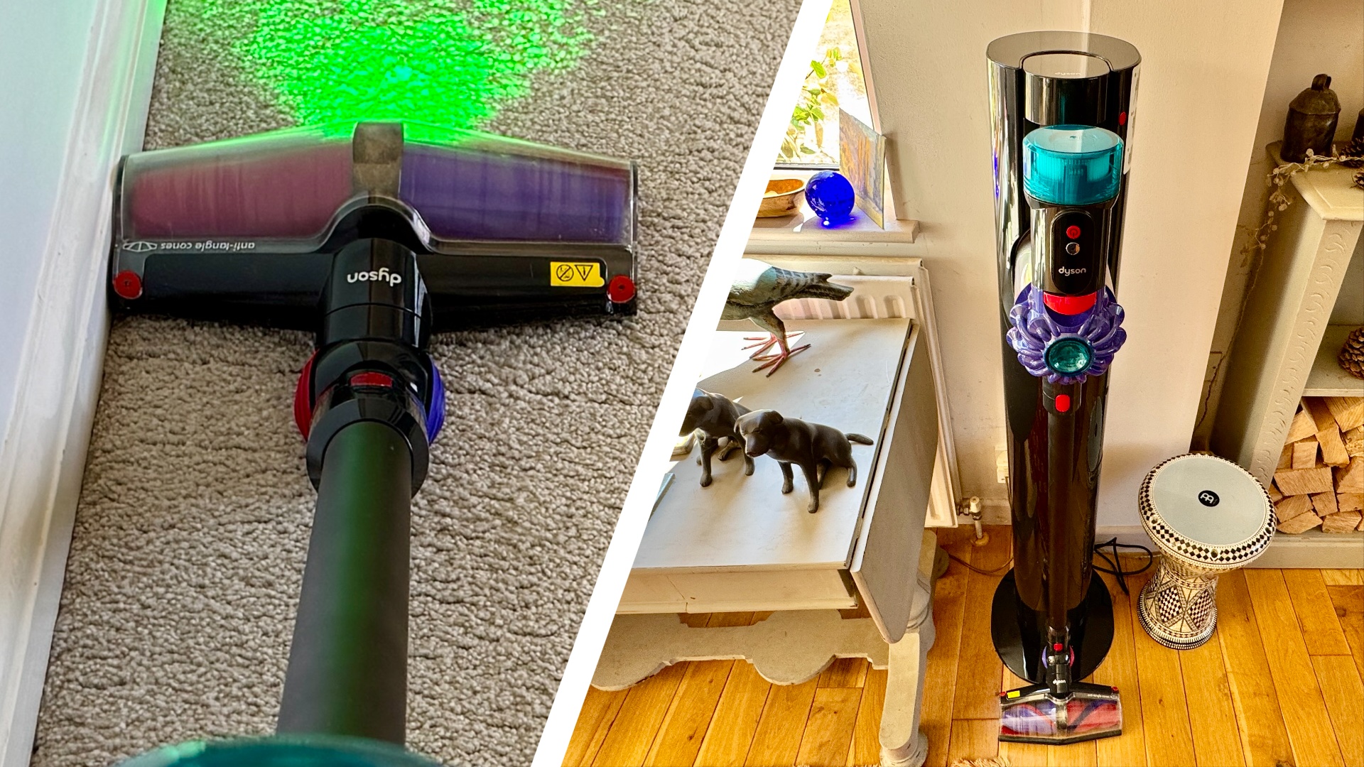 Split image of Dyson v10 Konical + Auto-empty Dok floorhead and in dock