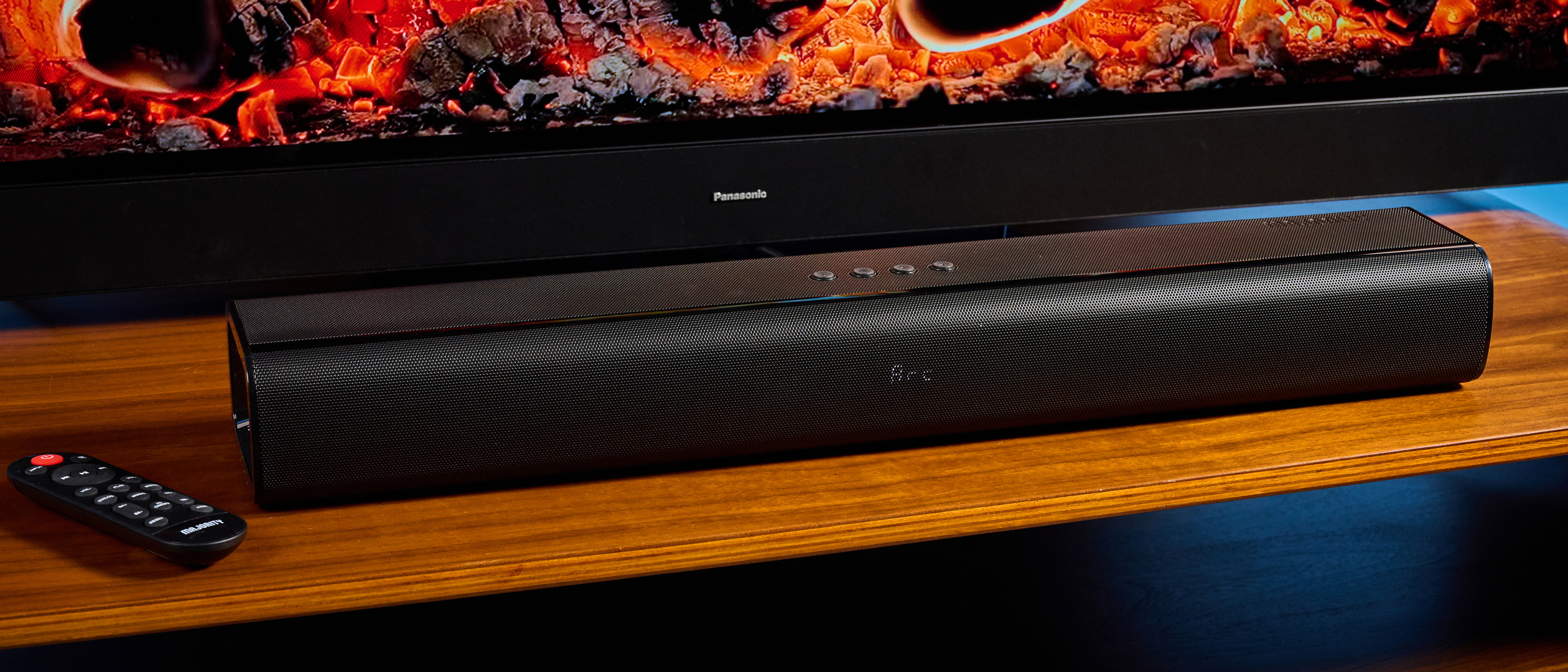 the budget majority naga 60 soundbar in black, showing its buttons and remote
