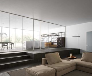 split level living space with internal glass doors
