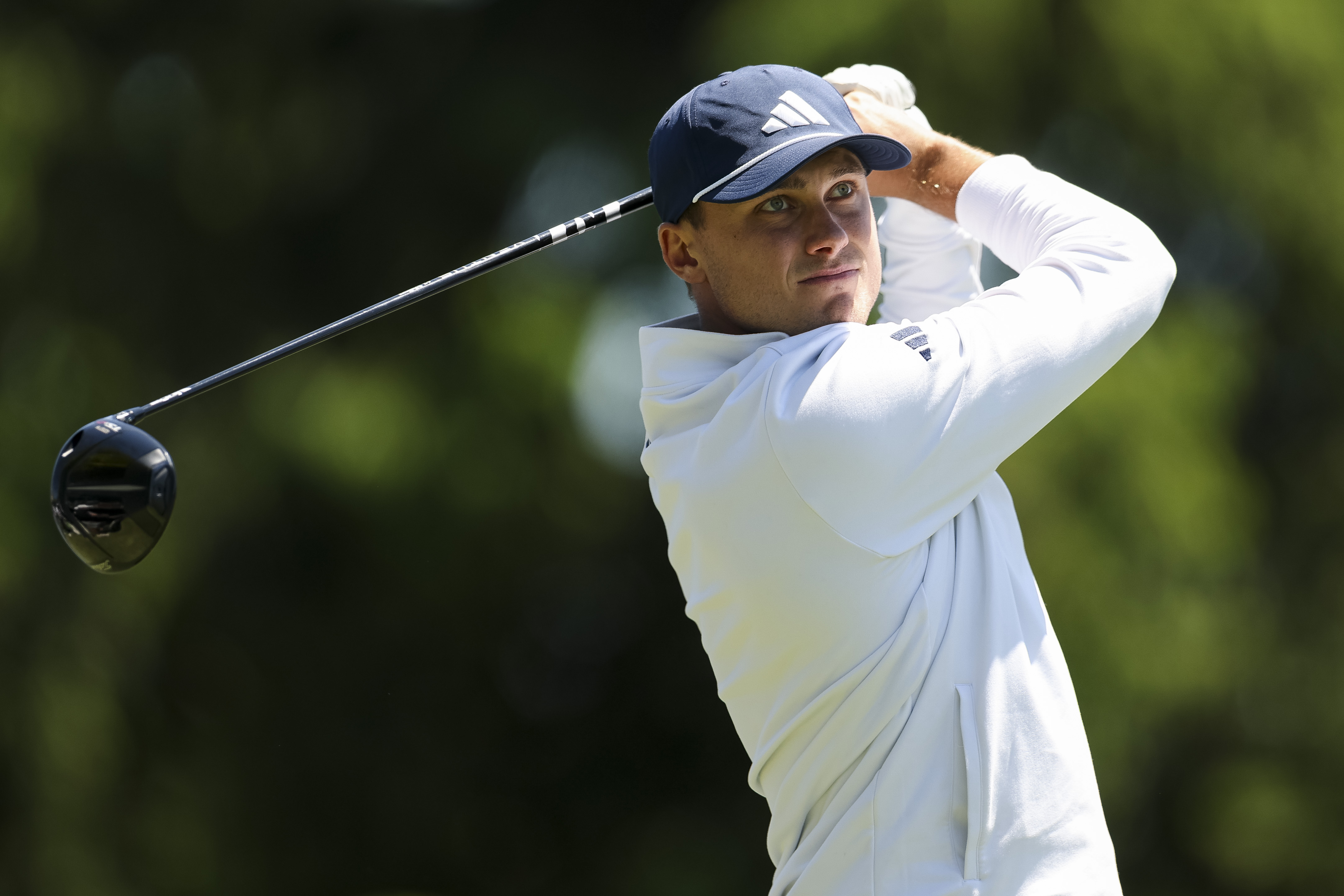 Ludvig Aberg plays his shot from the second tee during a practice round prior to the PGA Championship