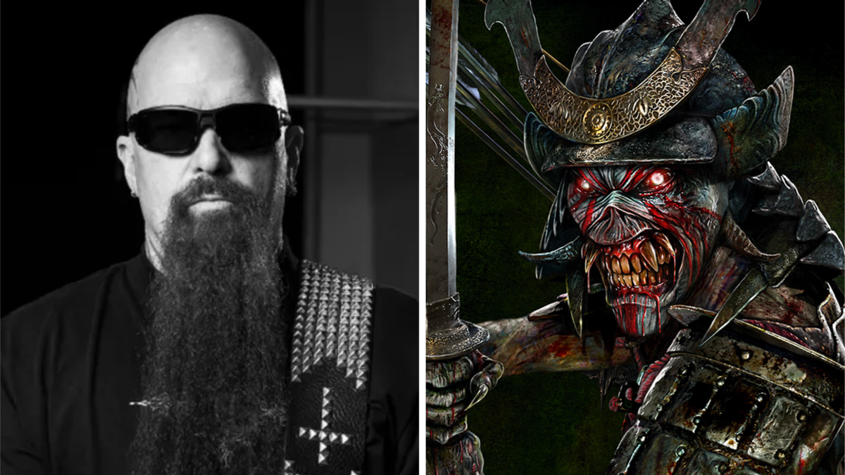 Kerry King next to the artwork for Iron Maiden album Senjutsu