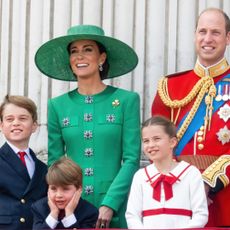 The Prince and Princess of Wales, Prince George, Princess Charlotte and Prince Louis on the balcony of Buckingham Palace for Trooping the Colour 2023