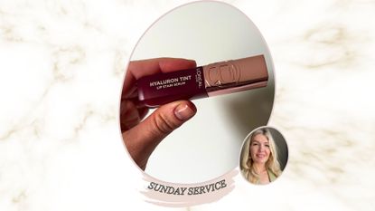 an image of a hand holding L'oreal paris hyaluron tint lip stain serum, next to an image of beauty editor Fiona McKim smiling