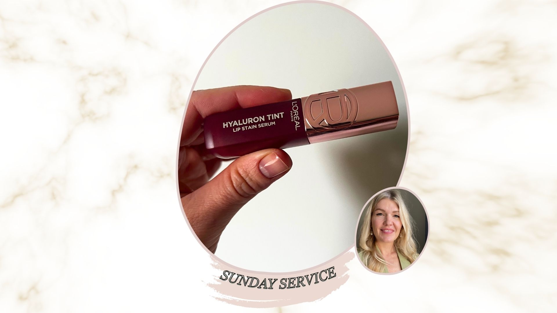 an image of a hand holding L'oreal paris hyaluron tint lip stain serum, next to an image of beauty editor Fiona McKim smiling 