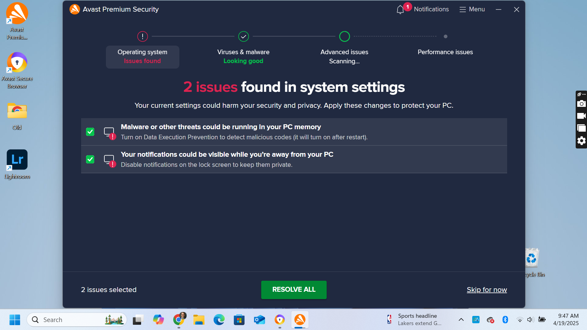 A screenshot of the Avast Premium scan results.
