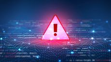 A CGI visualization of a holographic red warning symbol hovering above some code on a blue background, to represent the Log4Shell vulnerability.