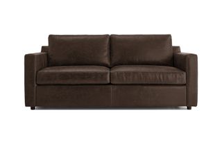 A dark brown leather sleeper sofa