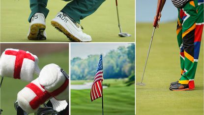 England flag headcovers, a USA golf flag, South Africa flag golf trouses and Australia logo golf shoes