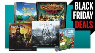 A bunch of board games on a black friday deals background