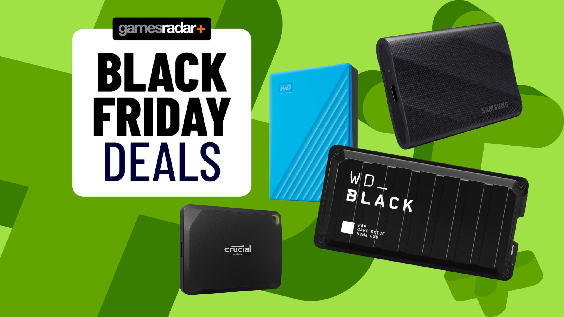 Black Friday deals stamp next to multiple external hard drives on top of a green background